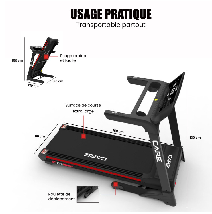 Tapis de course connecté - 20km/h - CARE - CT-750 - KINOMAP